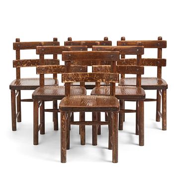 312. Axel Einar Hjorth, a set of 6 'Sandhamn' carved and stained pine dining chairs, Nordiska Kompaniet, Sweden 1931.