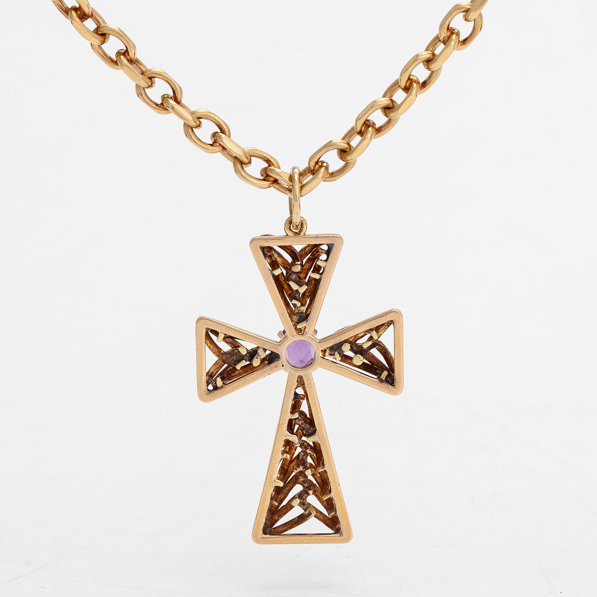 Necklace, 18K gold, cross pendant in 16K gold   with an amethyst. Chain by Anderssons Guld, Stockholm 1982.