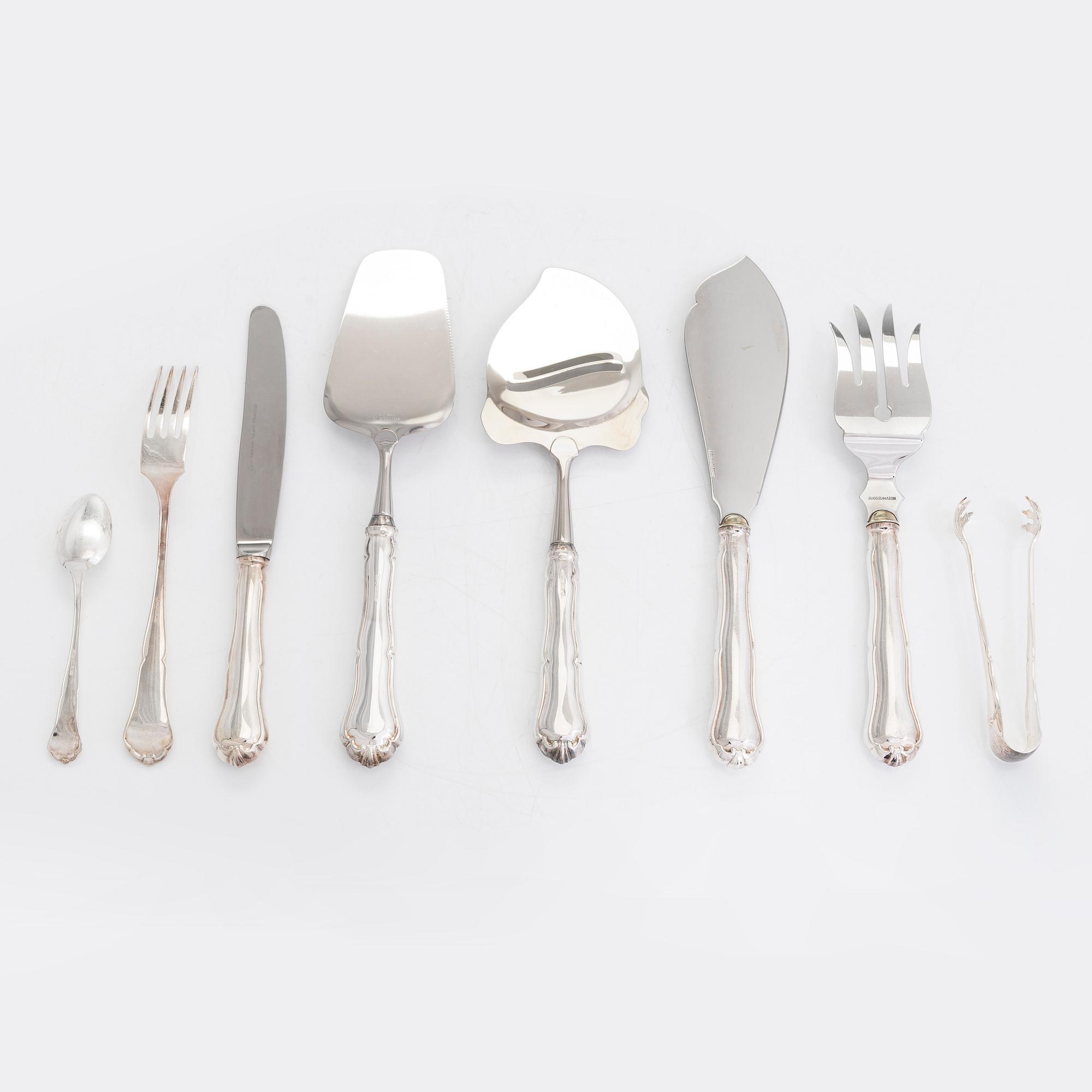Bestickuppsättning, 73 delar, silver, "Chippendale", 1985-95. Olika tillverkare.