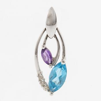 Pendant in 18K white gold with topaz, amethyst, and small brilliant-cut diamonds.