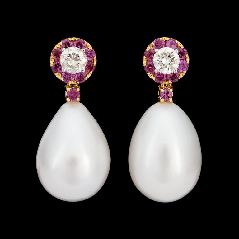 A pair of drop formed cultivated pearls, pink sapphire and brilliant-cut diamond earrings.