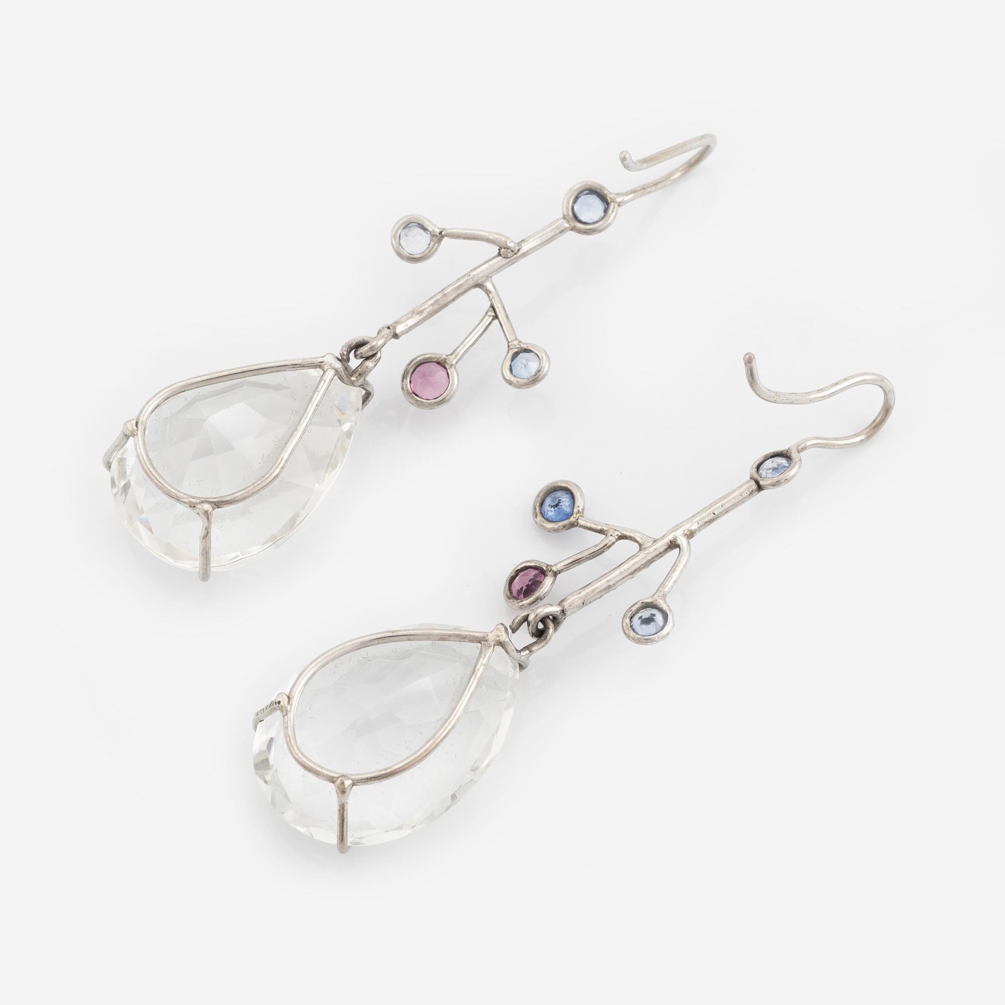 White gold, rock crystal, sapphire, tourmaline and diamond earrings.