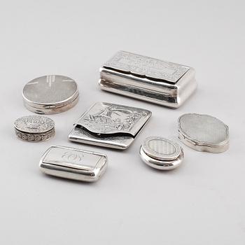 SAMLING DOSOR, 7 st, silver, 1900-tal. Vikt ca 232 g.