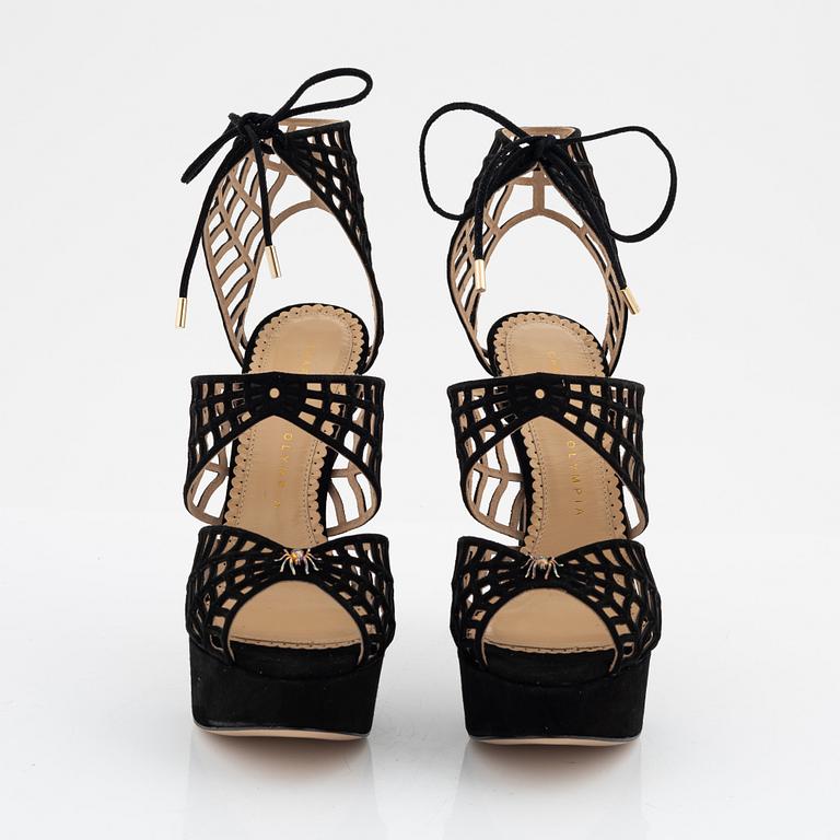 Charlotte Olympia, a pair of black suede spiderweb sandals. Size 36 1/2.