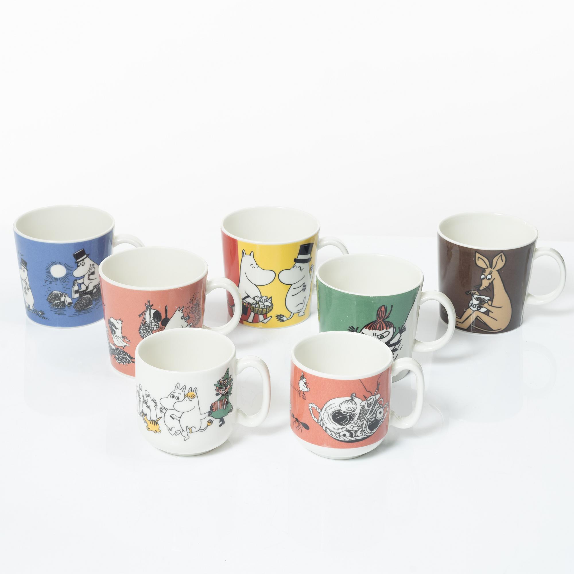 Arabia, seven Moomin mugs, Finland.