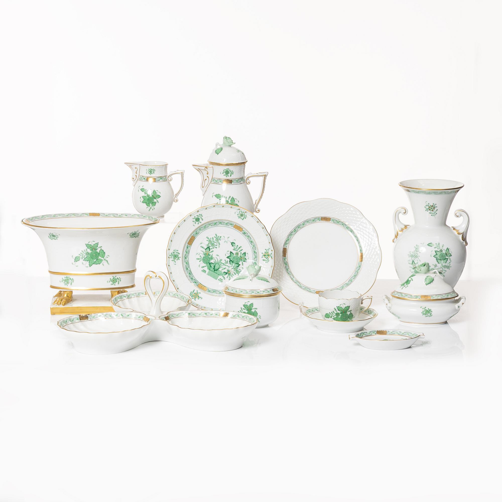 A 42-piece 'Chinese Bouquet' porcelain service and six 'Waldstein rose' coffee cups with saucers, Herend, Hungary.