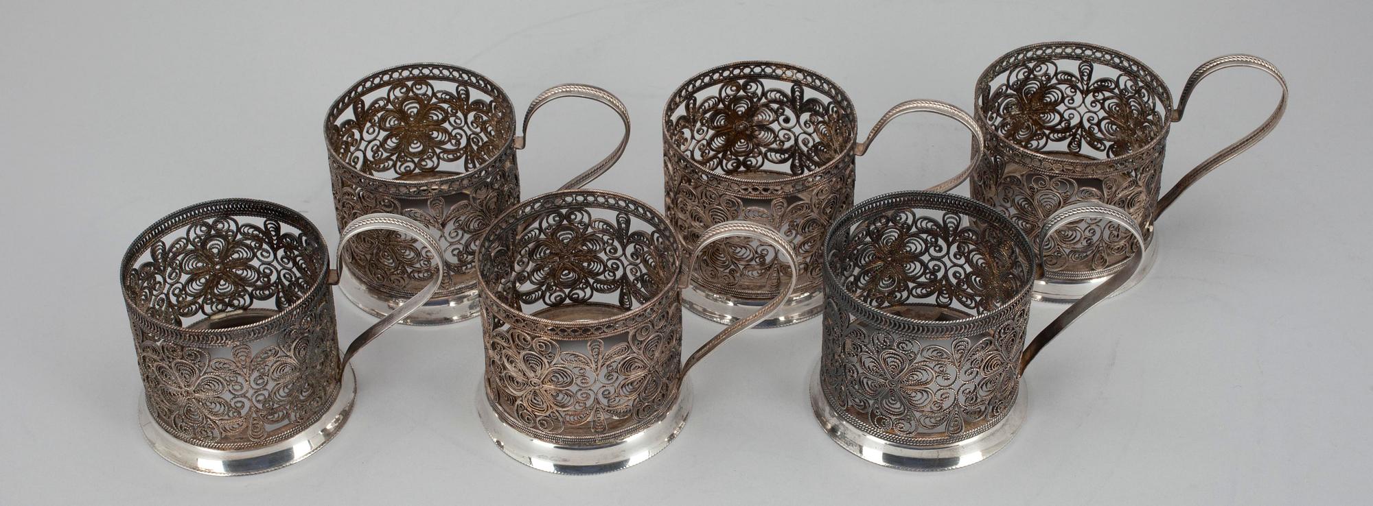 TEELASINPIDIKKEITÄ, 6 kpl, uushopeaa, Venäjä 1900-luvun loppupuoli.