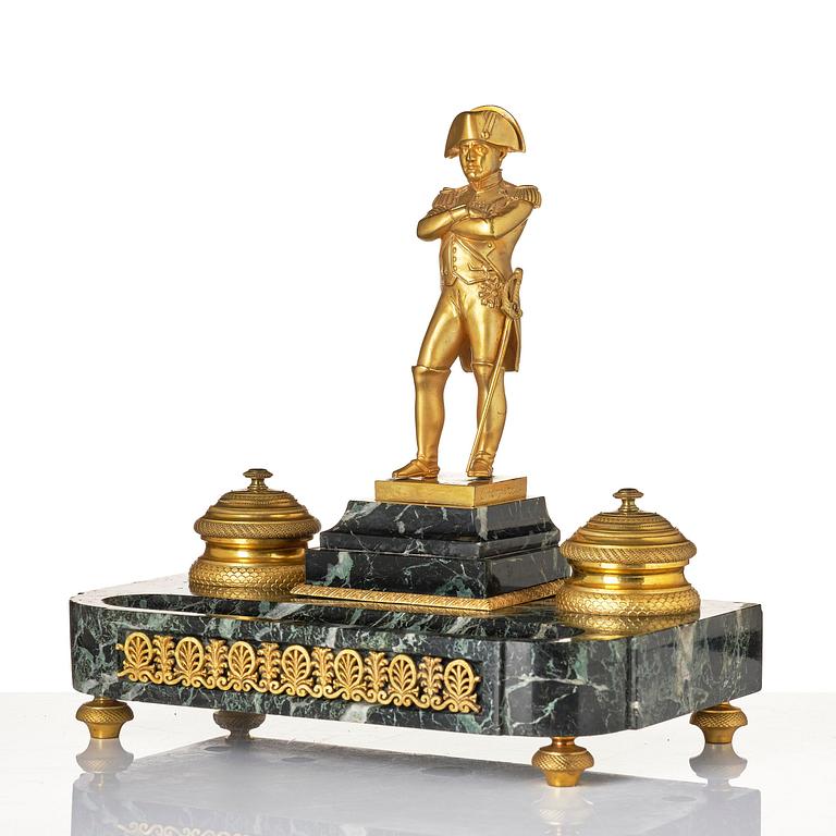 A French Empire-style gilt bronze and marble inkstand, late 19th century.