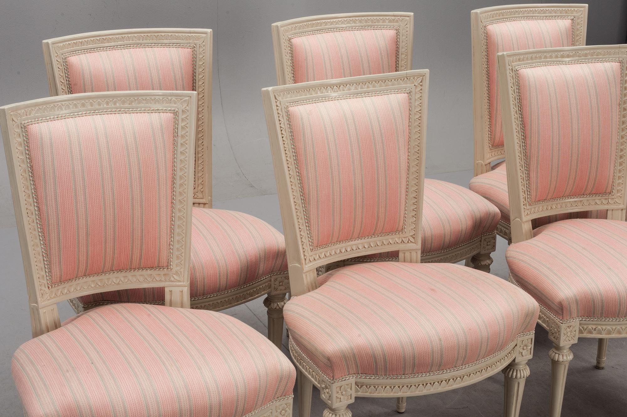 Stolar, 6 st, snarlika, Gustavianska, 3 st signerade Erik Holm. 1700-talets senare del.