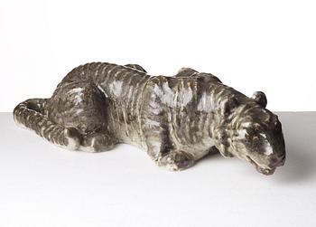 Michael Schilkin, a large stoneware sculpture of a hunting tiger, Arabia, Finland 1940's.