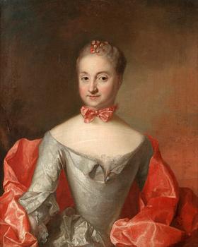 227. Johan Henrik Scheffel Tillskriven, Porträtt av dam i rosa klänning och halsrosett.
