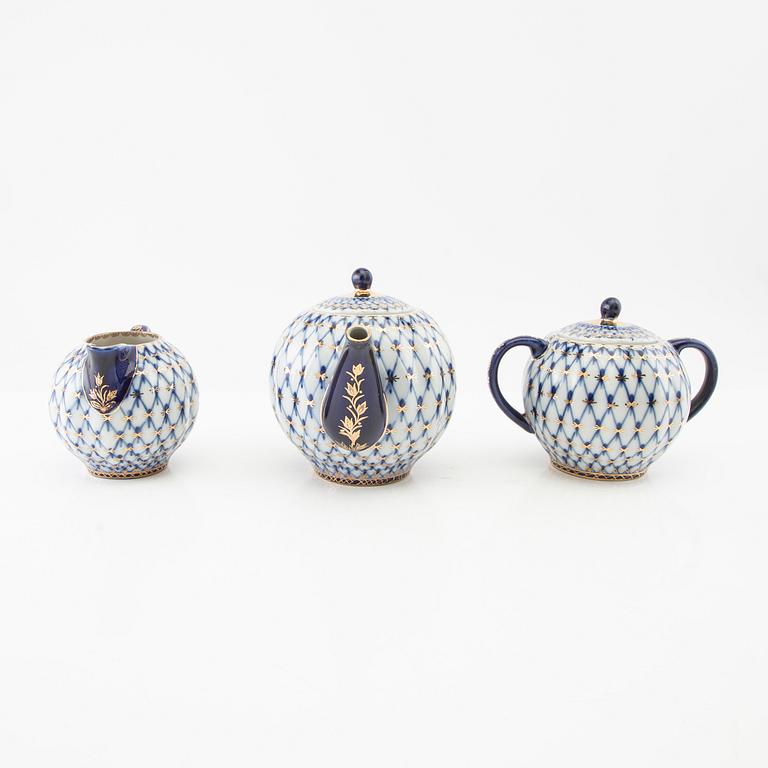 Tea service 15 pcs "Cobalt Net", Lomonosov Soviet Union porcelain.