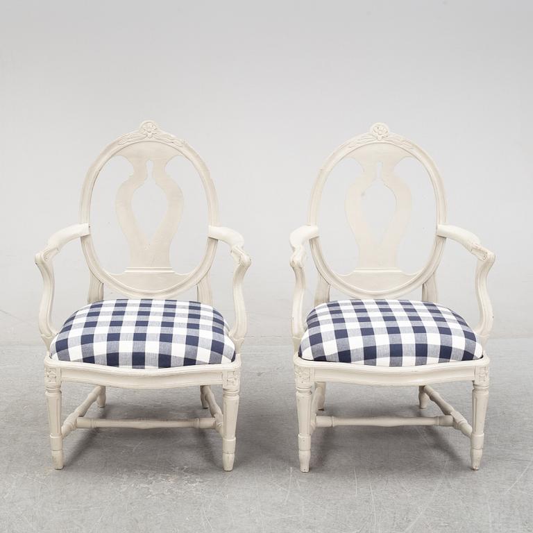 A pair of gustavian armchairs made in Stockholm, the later part of the 18th century.