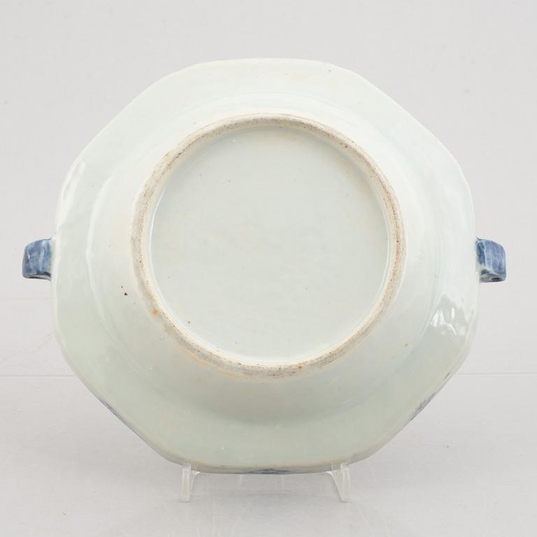 A blue and white warm water plate, a low bowl and a serving dish, China, Qing dynasty, 18th-19th century.