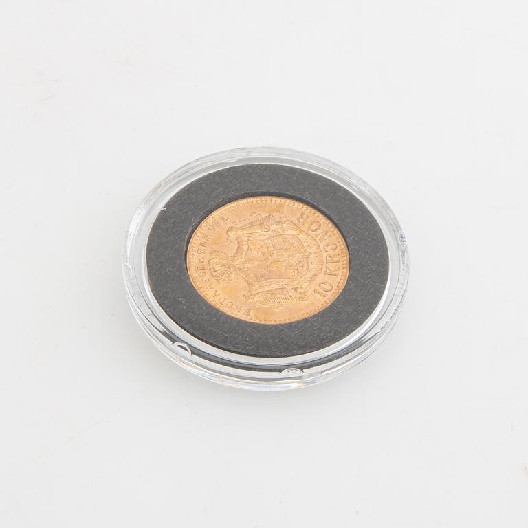 Guldmynt Sverige, Oscar II 10 kr, 1883, felpräglat.