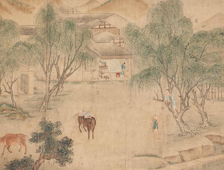 A handscroll of a vivid village scenery with farmers, playing children and water buffaloes, Qing dynasty, 19th Century.