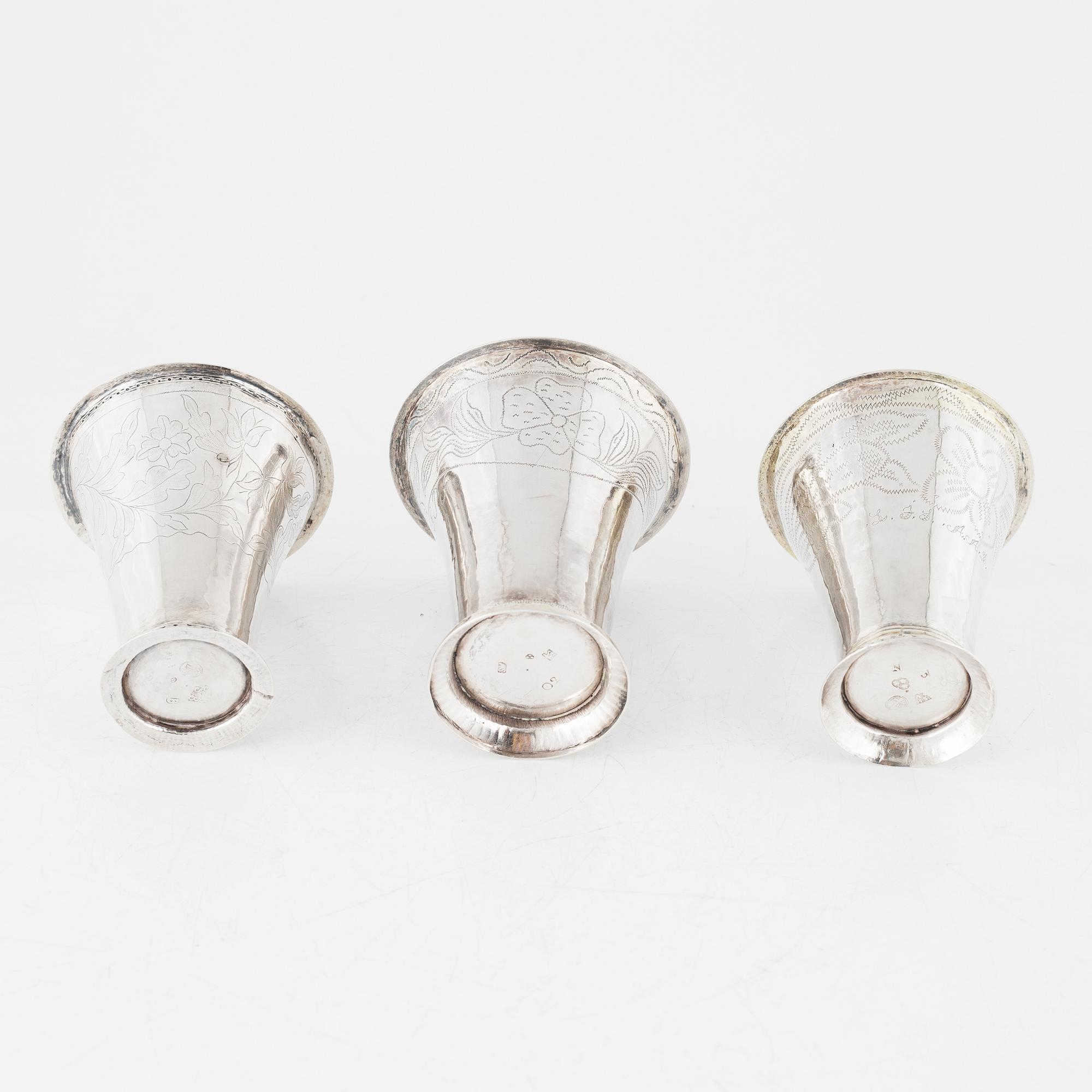 Bägare, 3 st, silver, 1700-1800-tal.