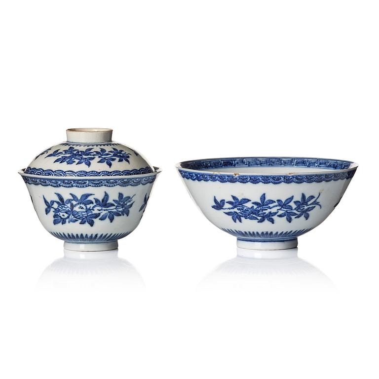 A blue and white soft paste 'three abundances' bowl with cover and a bowl, Qing dynasty, 18th century.