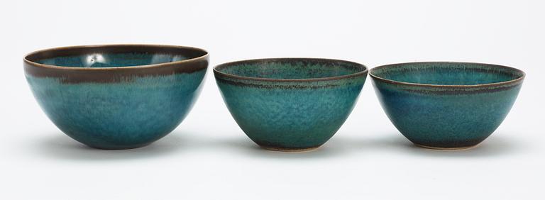 Three Stig Lindberg stoneware bowls, Gustavsberg studio 1959-1964.