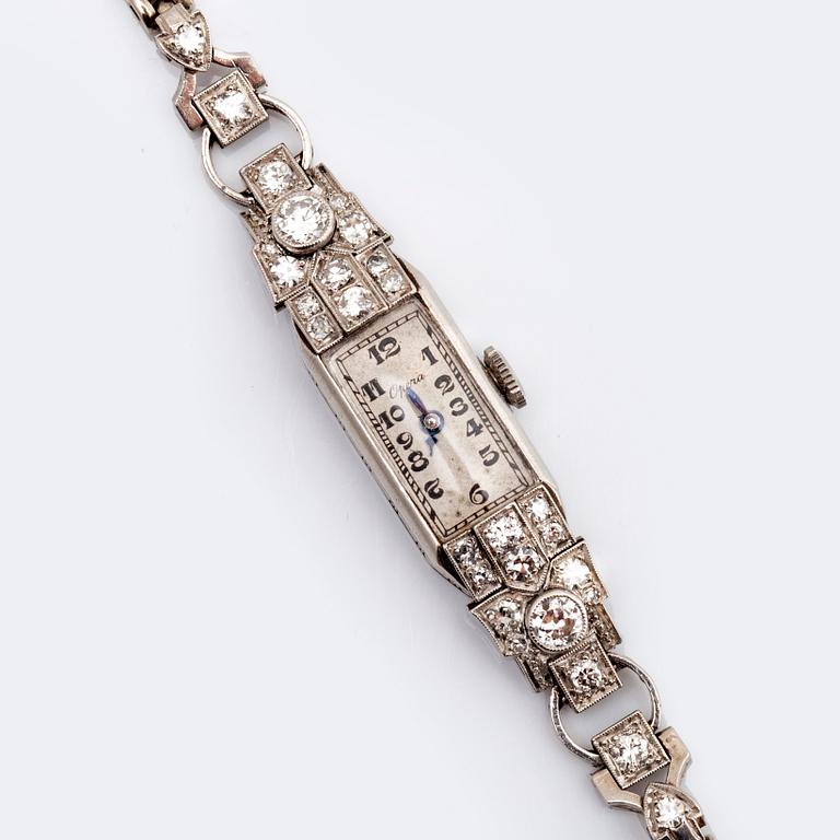 WRISTWATCH Opera, 18k whitegold, old-cut diamonds approx 1 ct, approx 15 x 8 mm, manual.