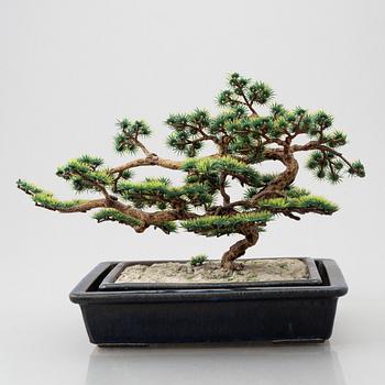 Two Japanese stoneware planting trays, one with a plastic bonsai tree, Nordiska Kompaniet, Sweden 1970s.