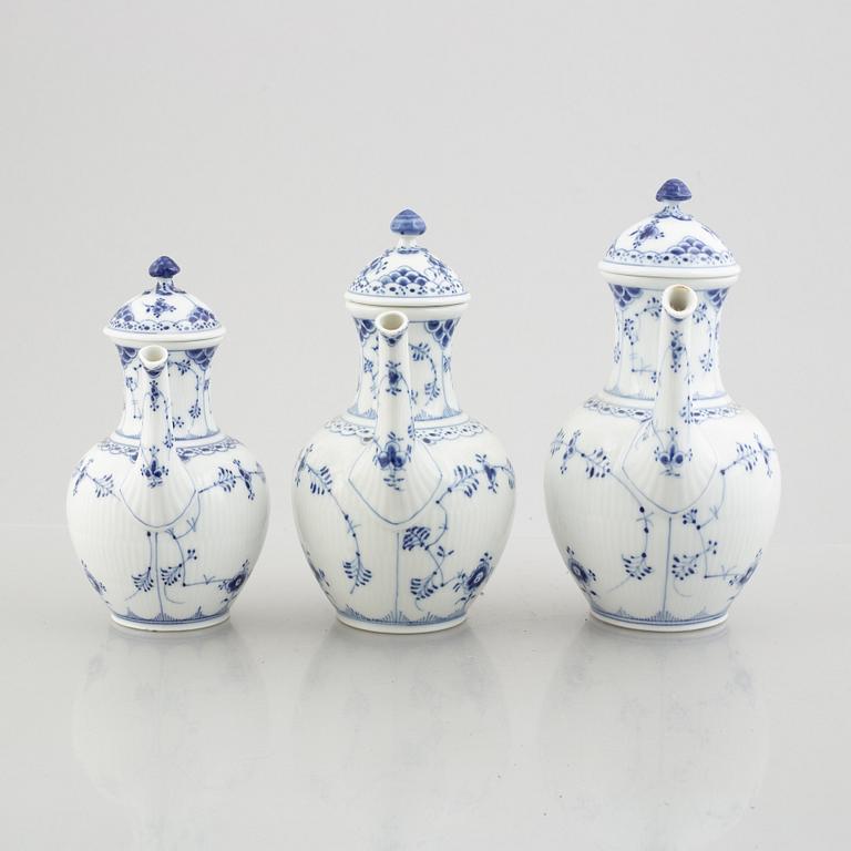 A set of three Royal Copenhagen Musselmalet half lace coffee pots with covers, Denmark, 20th century.