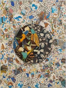 JIRI KOLÁR, collage on wood panel, "MOTYLI LUNA", signed and dated -70.