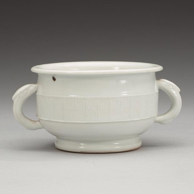 A blanc de chine censer, Qing dynasty (1644-1912), with a Hall-mark to base.