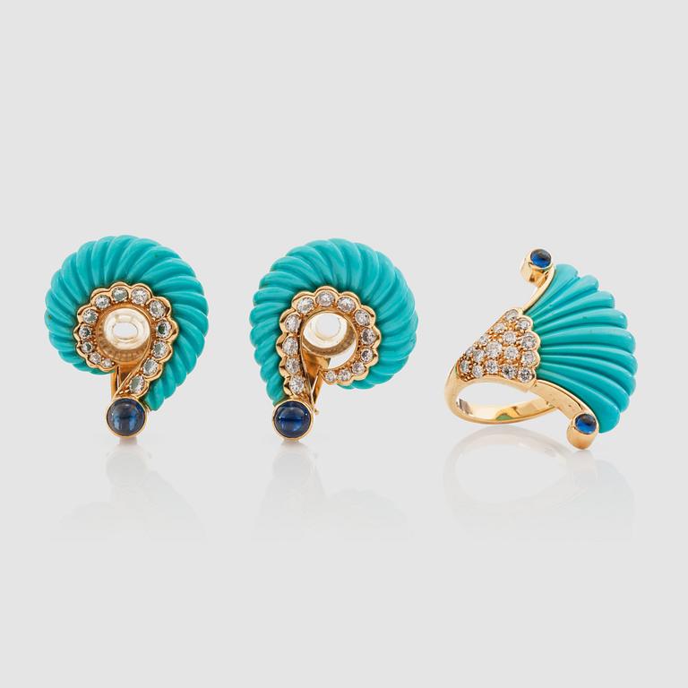 A carved turquoise, cabochon-cut sapphire and diamond ring with matching earrings.