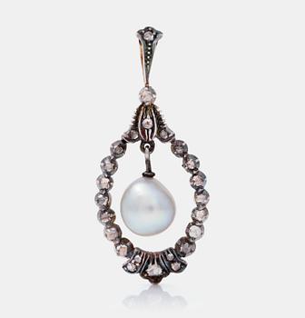 482. A probably natural semi-baroque saltwater pearl and rose-cut diamond pendant.