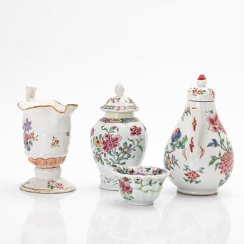 A group of two jugs, a cup and a jar with cover, famille rose porcelain, China, Qing dynasty, 18th century.
