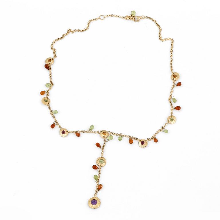 An 18K gold necklace with amethysts, peridotes and citrines.