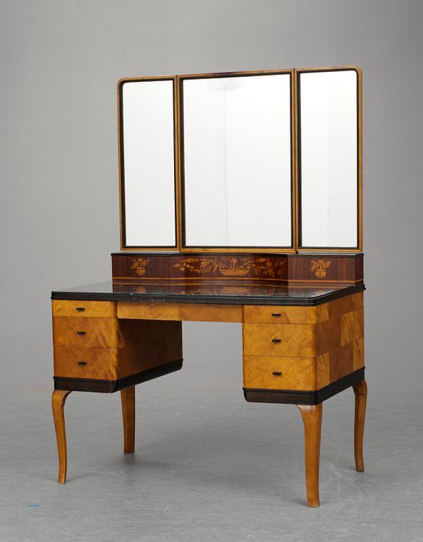 A Carl Malmsten ladies' desk with a mirror by Nordiska Kompaniet, Sweden 1930's. Designed for the Waldorff Astoria Hotel in New York, NY.