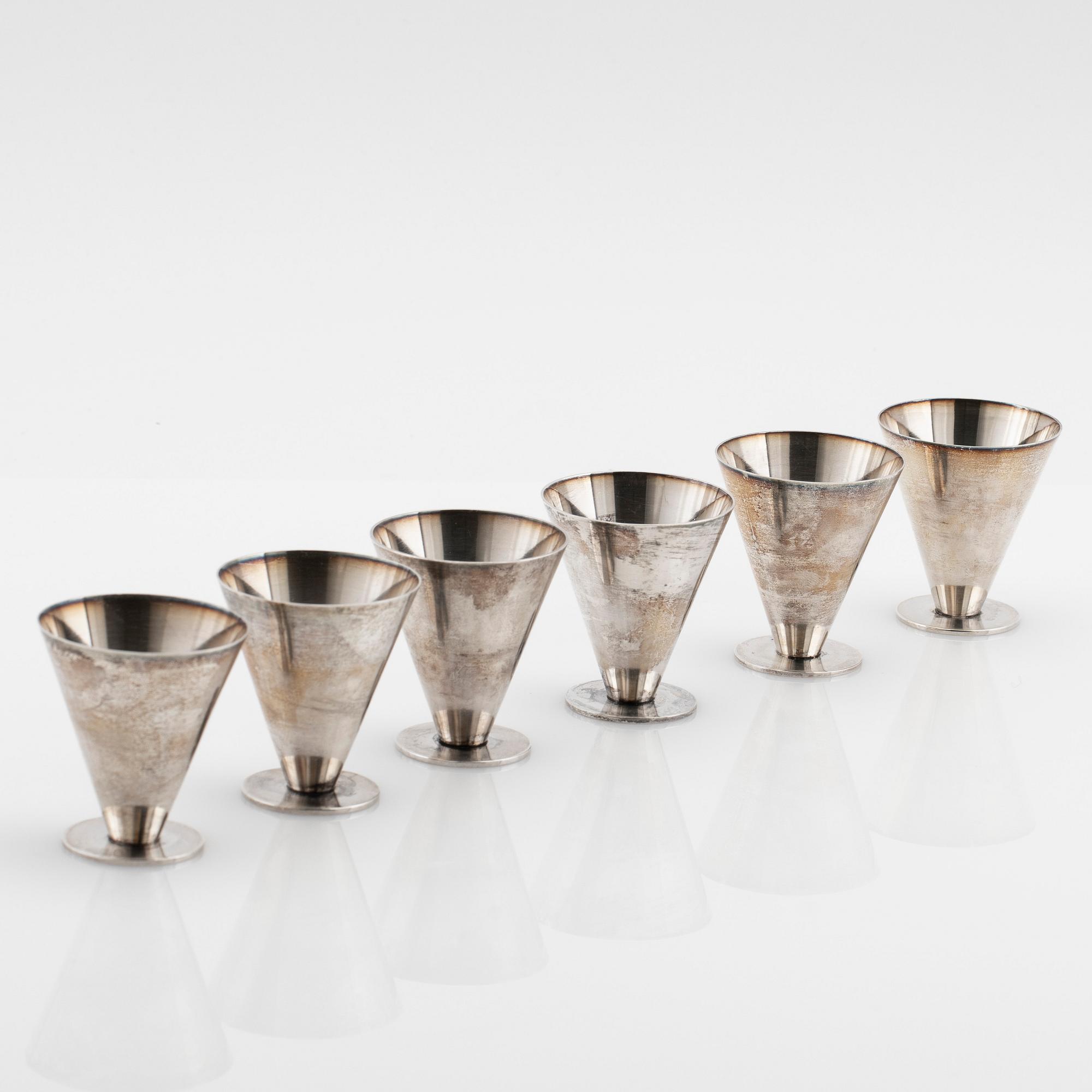 Wiwen Nilsson, cocktail glasses, 6 pcs., silver, Lund, 1957-63.