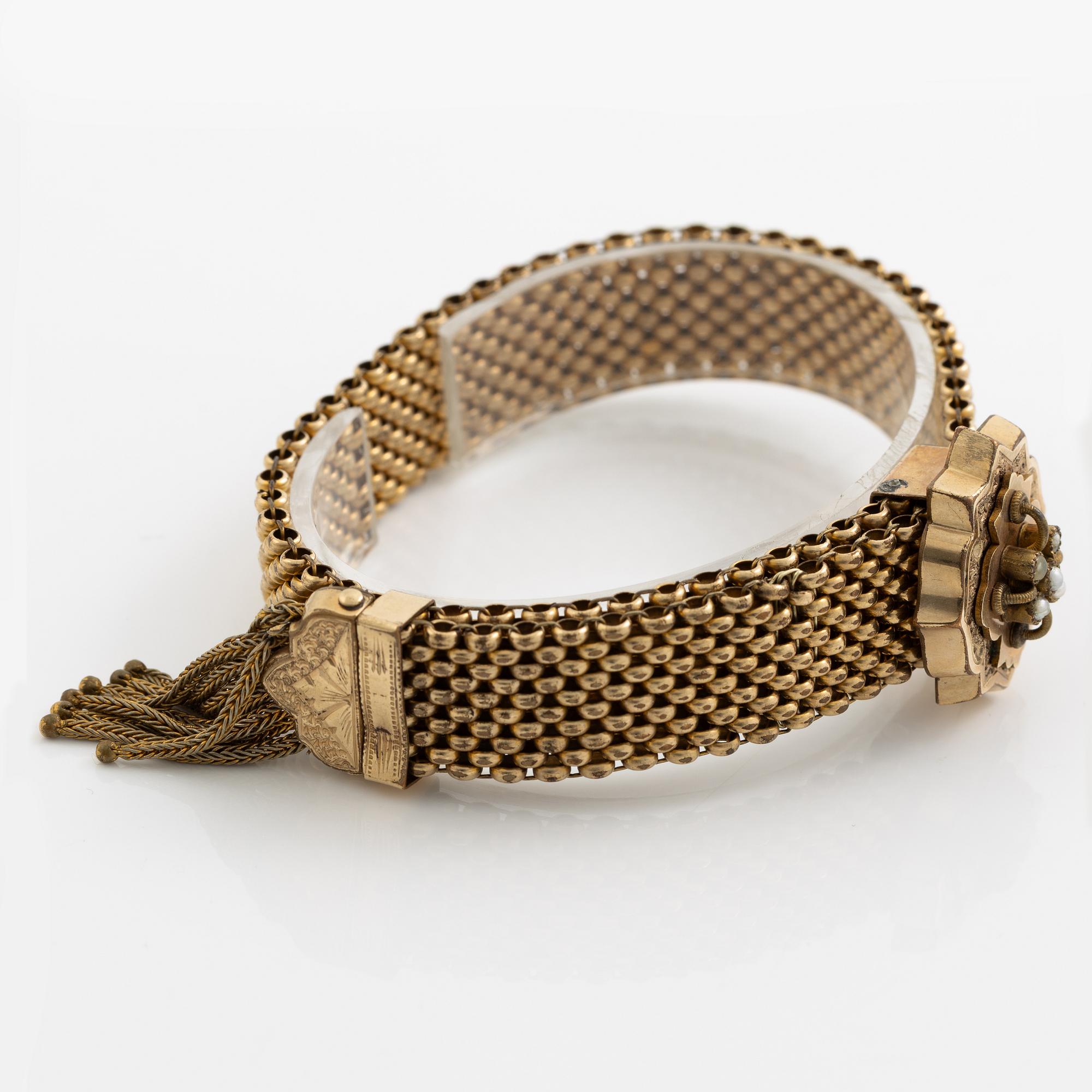 Bracelet and pendant/brooch, gilded possibly silver, with pearls 19th century.