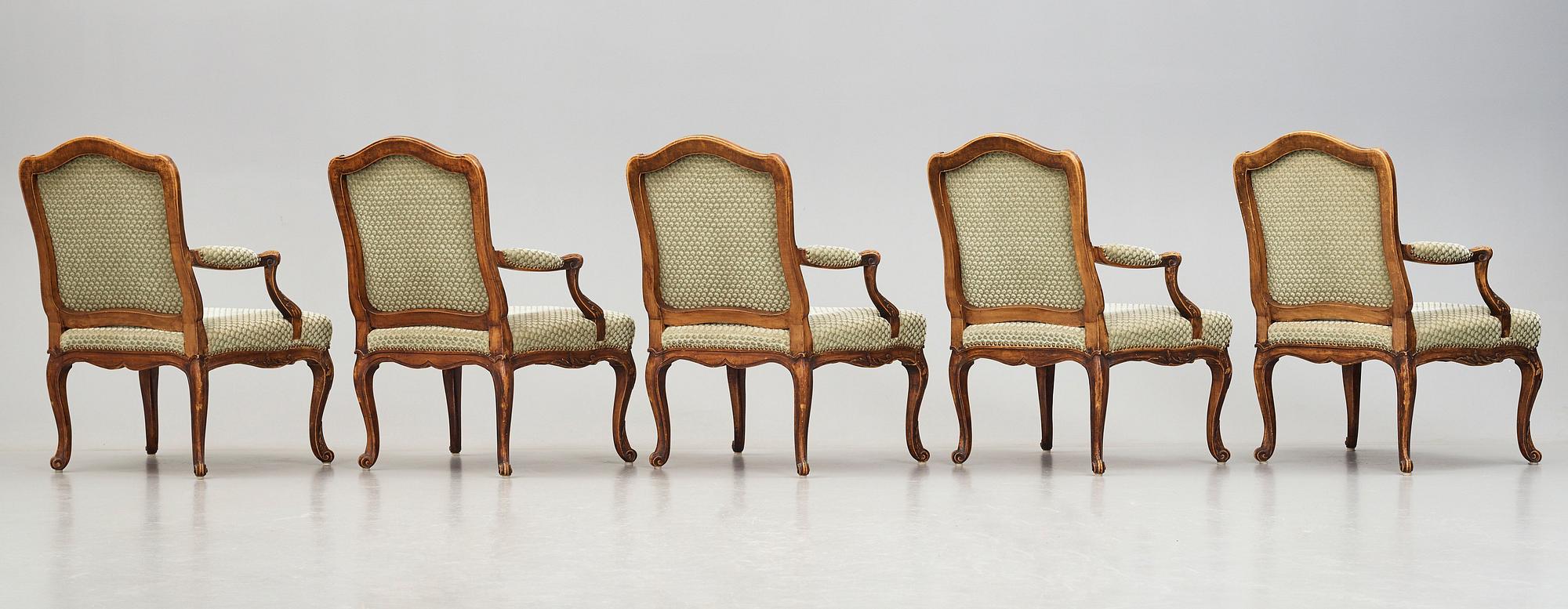 Seven French armchairs (two 18th century and five late 19th century).