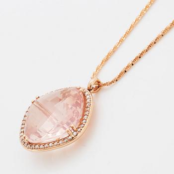 Checker-cut rose quartz and brilliant-cut diamond necklace.
