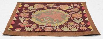 Jynne, "Rött Lejon", flamskväv, 54 x50 cm, sydvästra Skåne, tidigt 1900-tal.