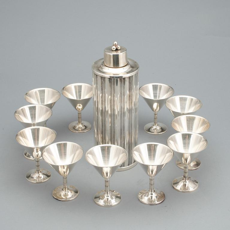 SHAKER samt GLAS, 13 delar, nysilver, Tesi, 1900-talets andra kvartal.