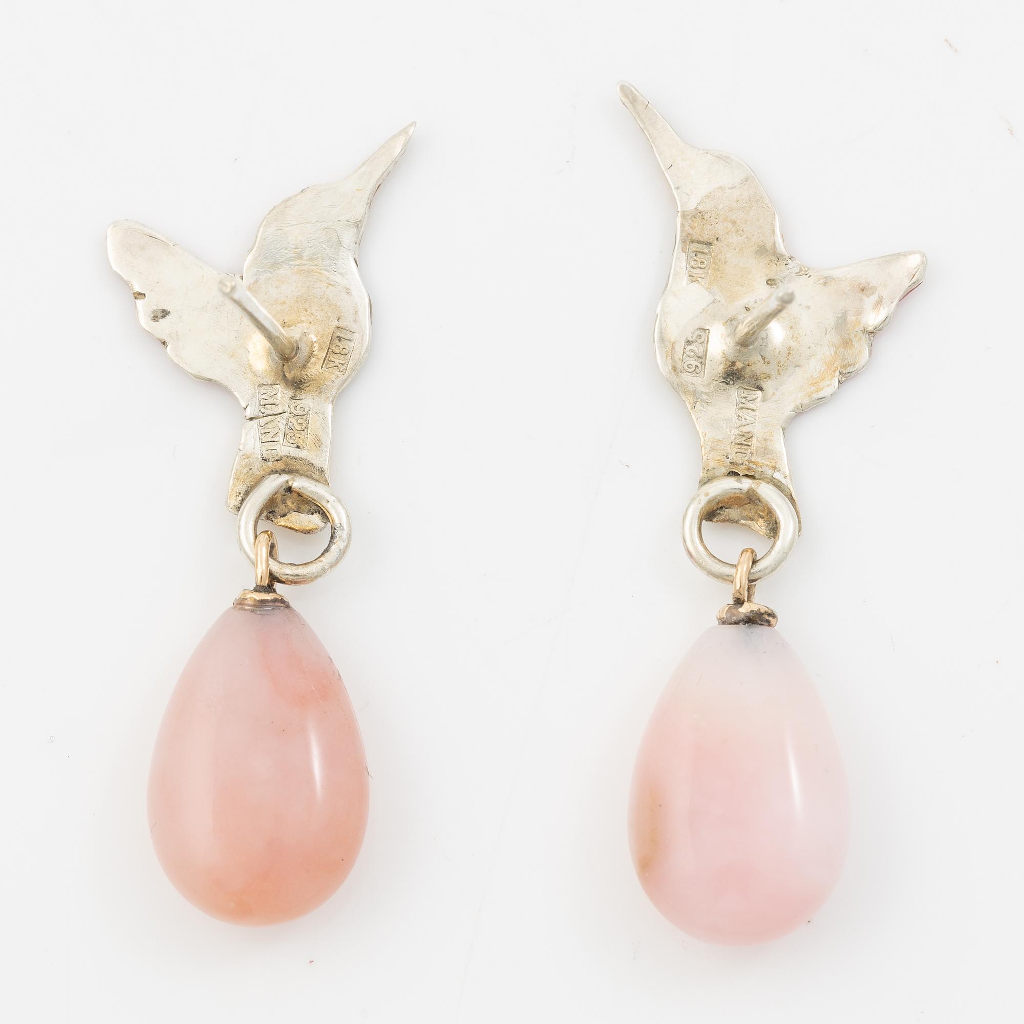Earrings, silver, gold and enamel in the form of a hummingbird with pink opal, Mandelstam.