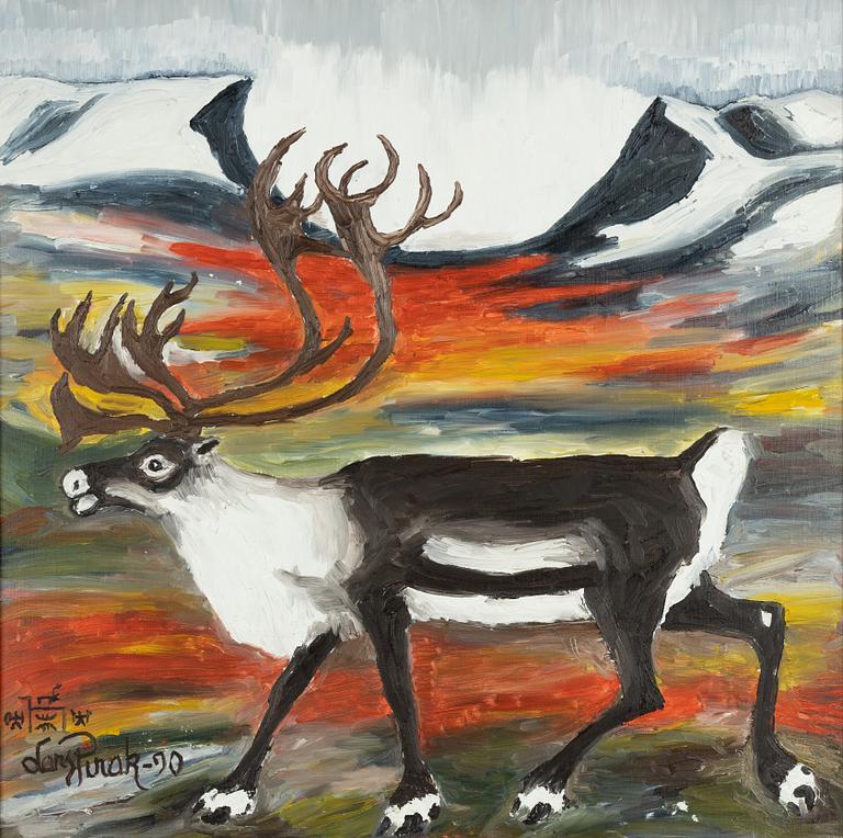 Lars Pirak, oil painting. Reindeer in landscape.