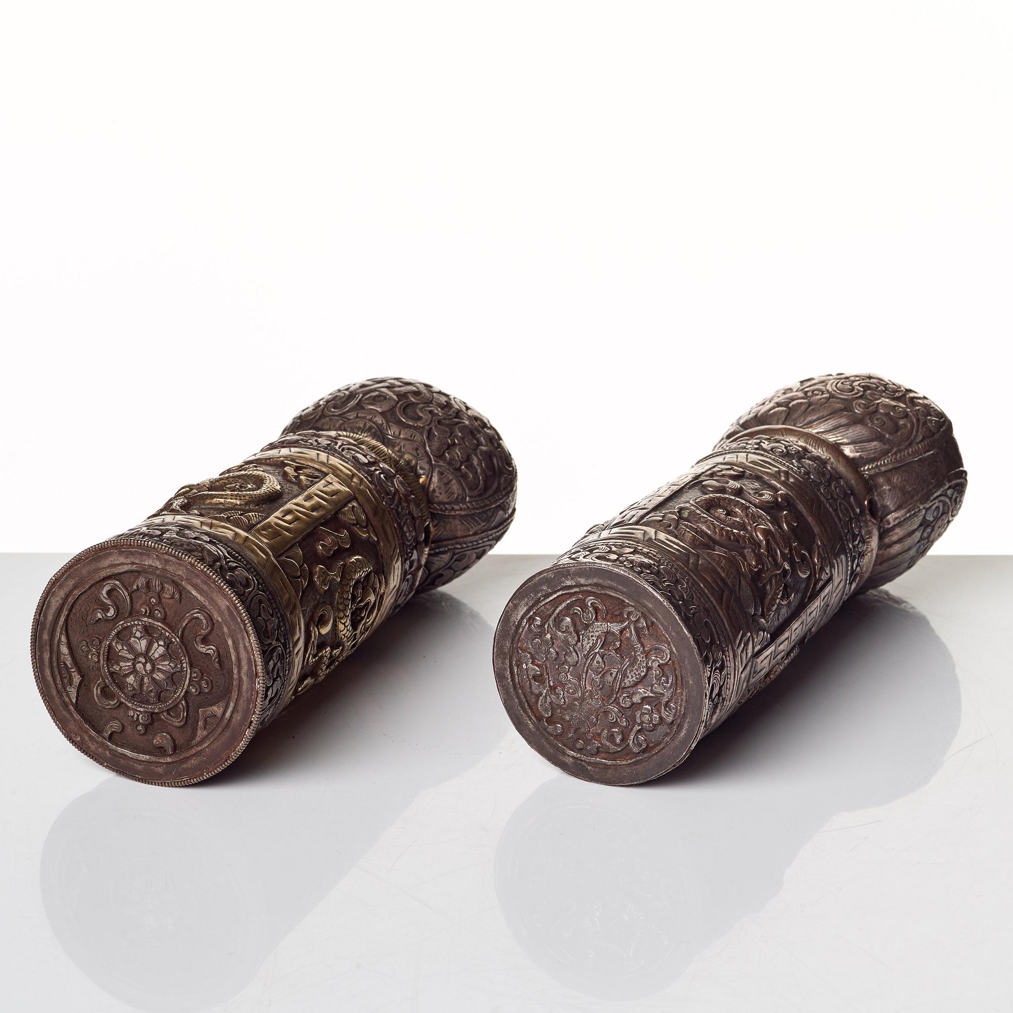 Two Tibethan/Nepalese silvered brass temple stamps, presumably late 19th Century.