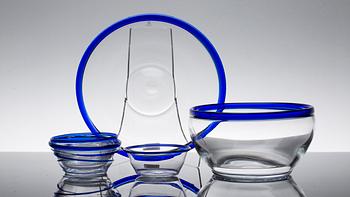 FILBUNKSSKÅLAR OCH SKÅL SAMT FAT, 6 delar,  Bergdala glasbruk.