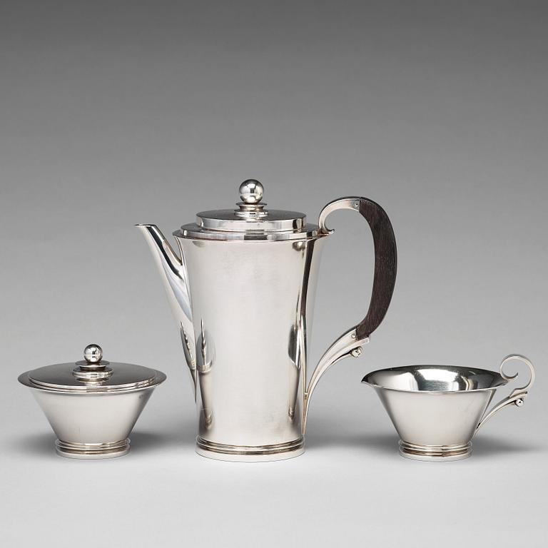 Harald Nielsen, a "Pyramid" sterling three pieces coffee service, Georg Jensen, Copenhagen 1933-44, designnr 600A,