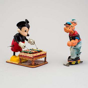 A tinplate Linemark Mickey Mouse and Popeye, Japan, 1950s.