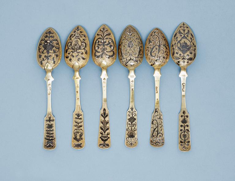 A SET OF SIX RUSSIAN SILVER-GILT AND NIELLO SPOONS, Moscow 1835-1846.