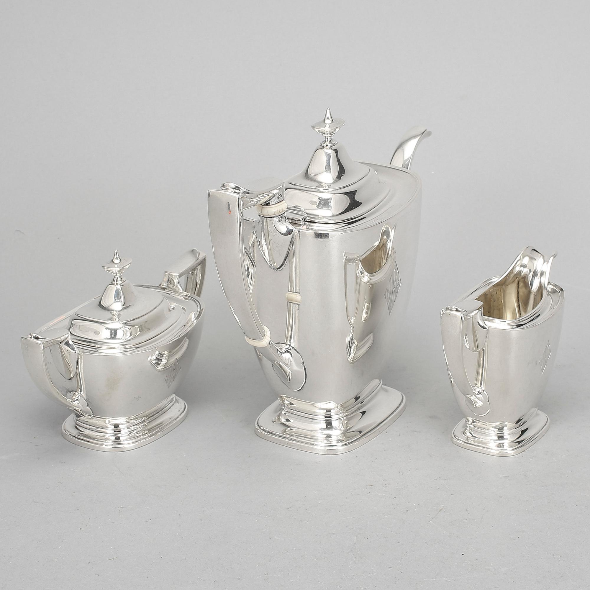 KAFFESERVIS, 3 delar, sterlingsilver, Gorham, Providence, Rhode Island, USA, 1927. Vikt ca 1350g.