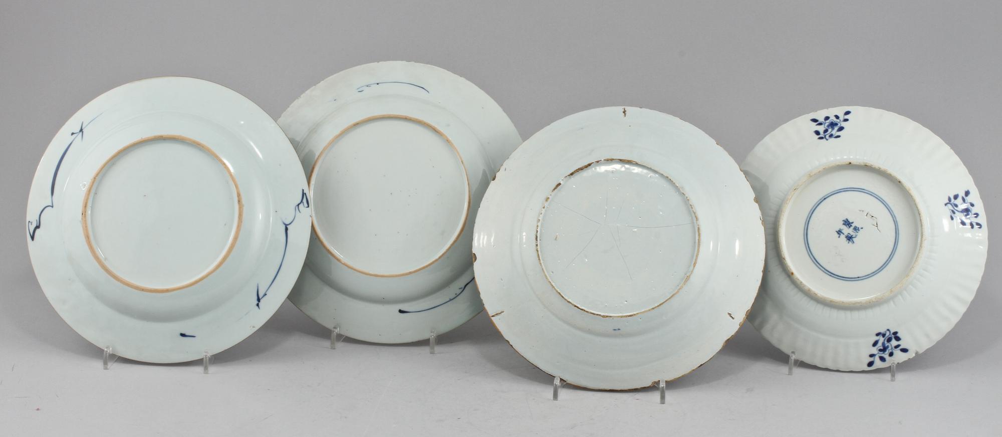 TALLRIKAR, 4 st, porslin och fajans, Kina och Europa, 1700-tal.