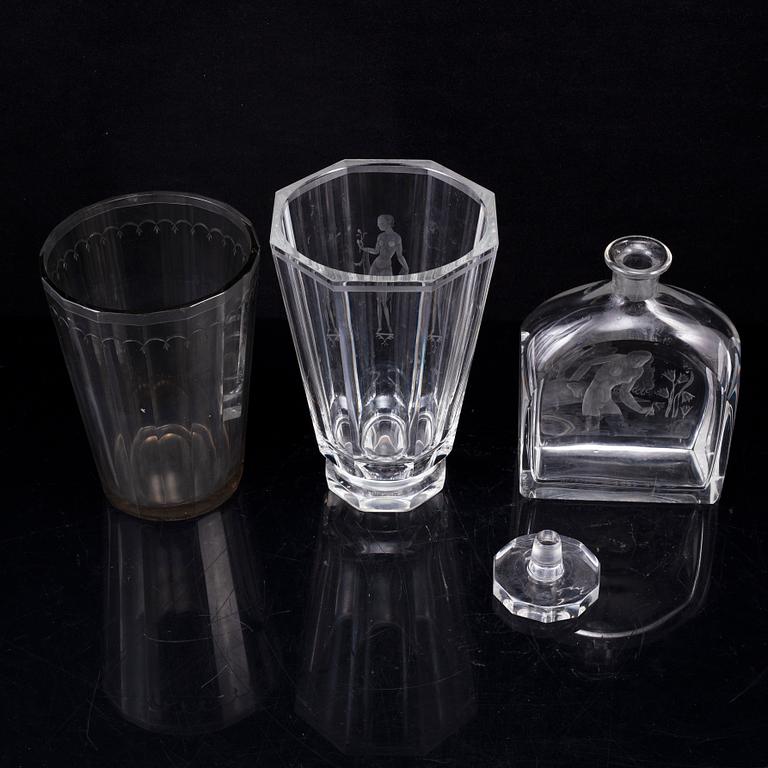 Simon Gate, two glass vases and a decanter, Orrefors.