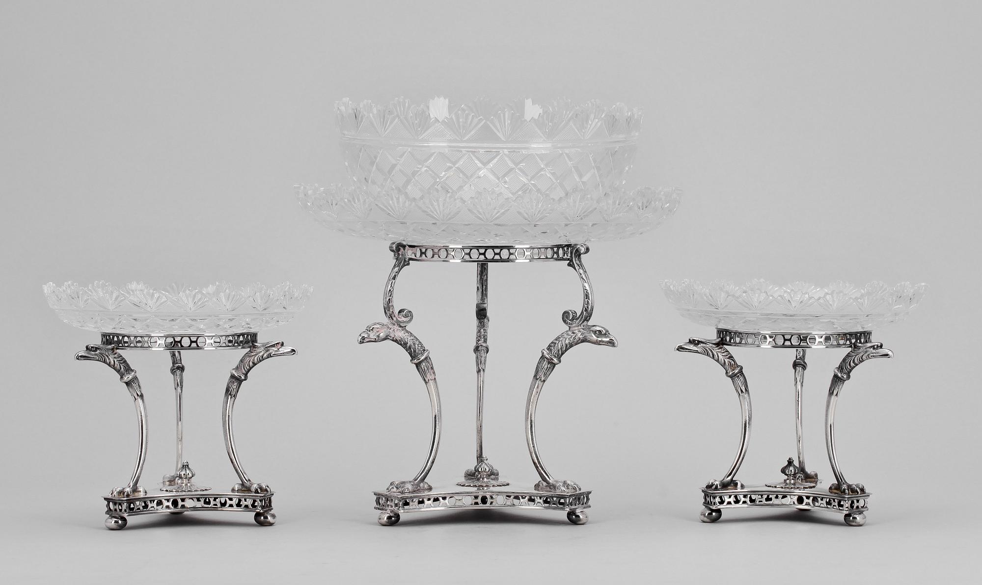 UPPSATSSKÅLAR, 3 (2+1) st, glas samt nysilver, AG Dufva, 1800/1900-tal.